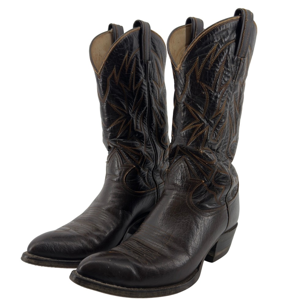 Tony Lama Western Cowboy Boots Brown Leather Men 9D (490)‎ Snip Toe Pull On